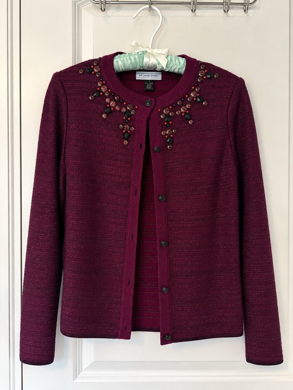 St John Sport Burgundy Beaded Embellished Wool Blend Knit Cardigan Petite P